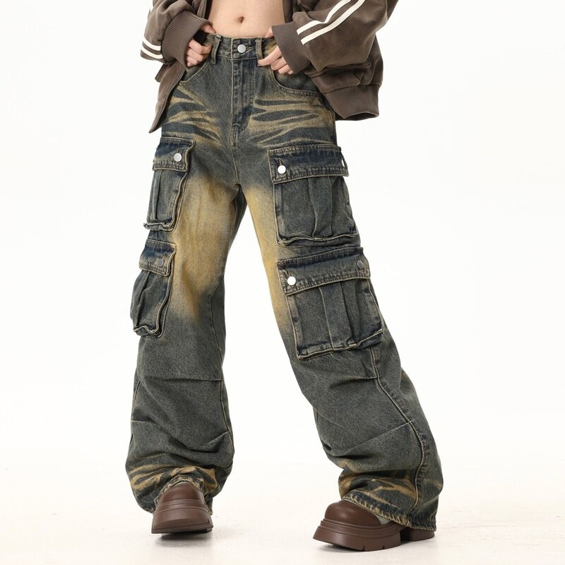 Pavasaris un rudens moderns ielas personība, taisna caurule ar vairākām kabatām Darba apģērbi Džinsi Pāris brīvas retro ikdienas bikses y2k