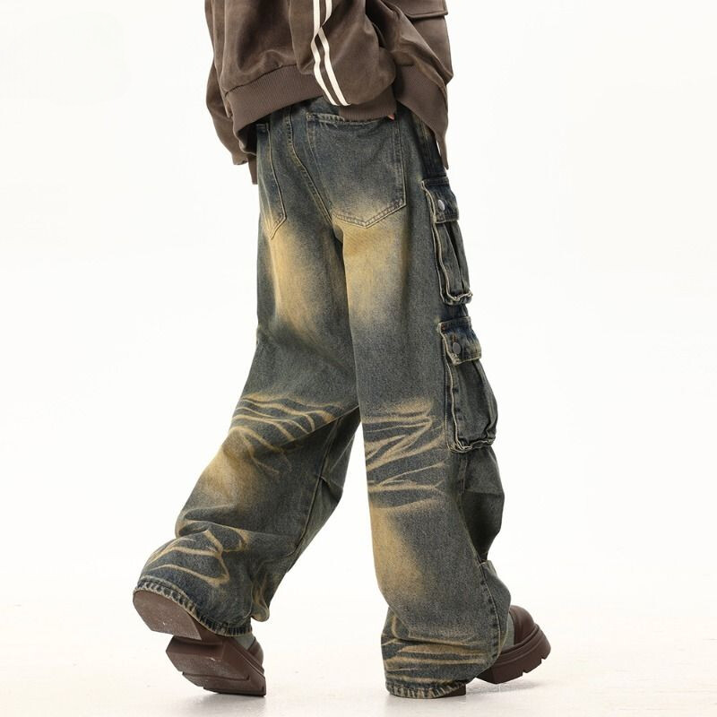 Pavasaris un rudens moderns ielas personība, taisna caurule ar vairākām kabatām Darba apģērbi Džinsi Pāris brīvas retro ikdienas bikses y2k