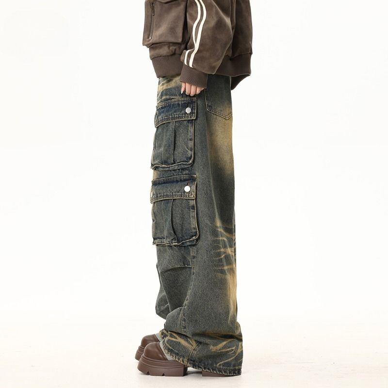 Pavasaris un rudens moderns ielas personība, taisna caurule ar vairākām kabatām Darba apģērbi Džinsi Pāris brīvas retro ikdienas bikses y2k
