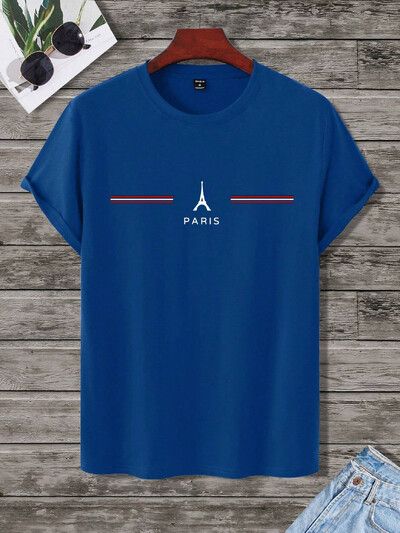 Мъжка тениска от 100% памук, летен свободен размер, удобна тениска с принт на букви PARIS, ежедневна спортна тениска с кръгло деколте и къси ръкави