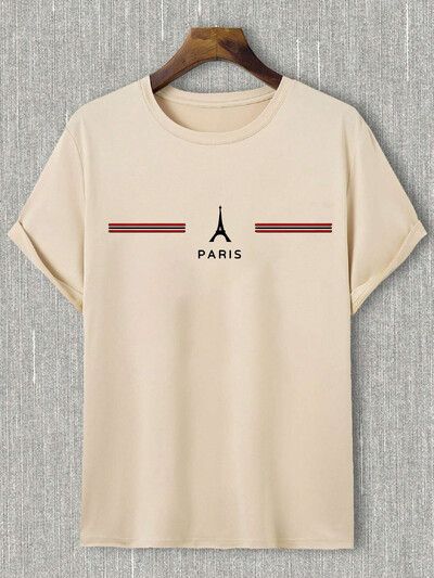 Мъжка тениска от 100% памук, летен свободен размер, удобна тениска с принт на букви PARIS, ежедневна спортна тениска с кръгло деколте и къси ръкави