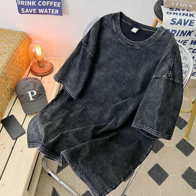 Férfi mosott póló Nyári vintage alkalmi póló Bő pólók Női Fekete Acid Wash Y2k Rövid ujjú Hip Hop utcai pólók
