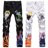 Augsta elastība Slim Fit 3D krāsu druka, melna balta bikses skelets Graffiti Street Chaopai vīriešu džinsi