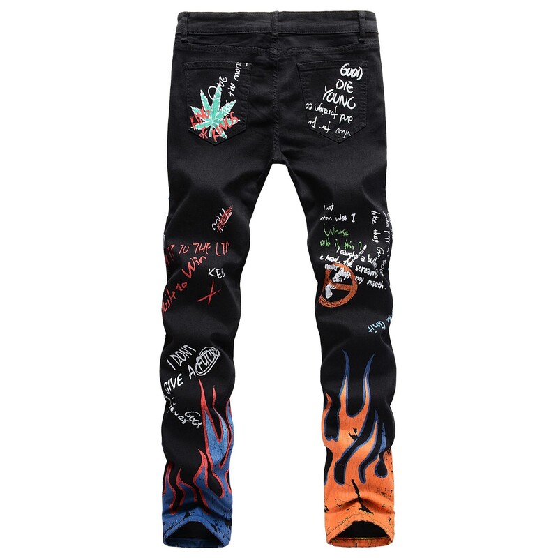 Augsta elastība Slim Fit 3D krāsu druka, melna balta bikses skelets Graffiti Street Chaopai vīriešu džinsi