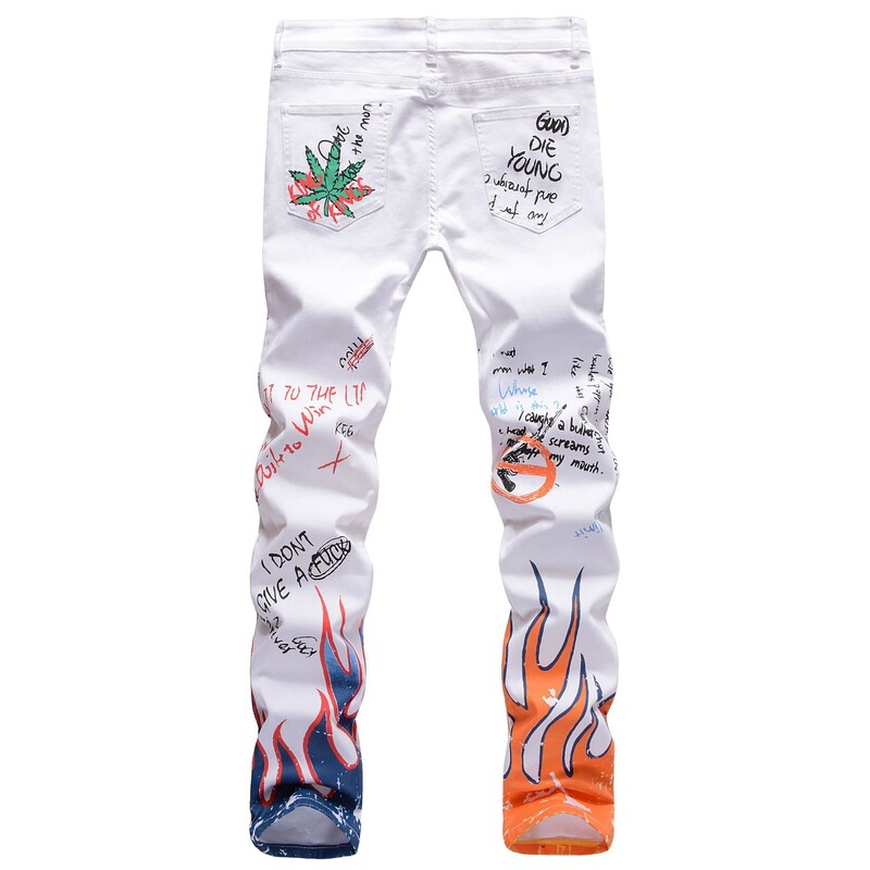 Augsta elastība Slim Fit 3D krāsu druka, melna balta bikses skelets Graffiti Street Chaopai vīriešu džinsi