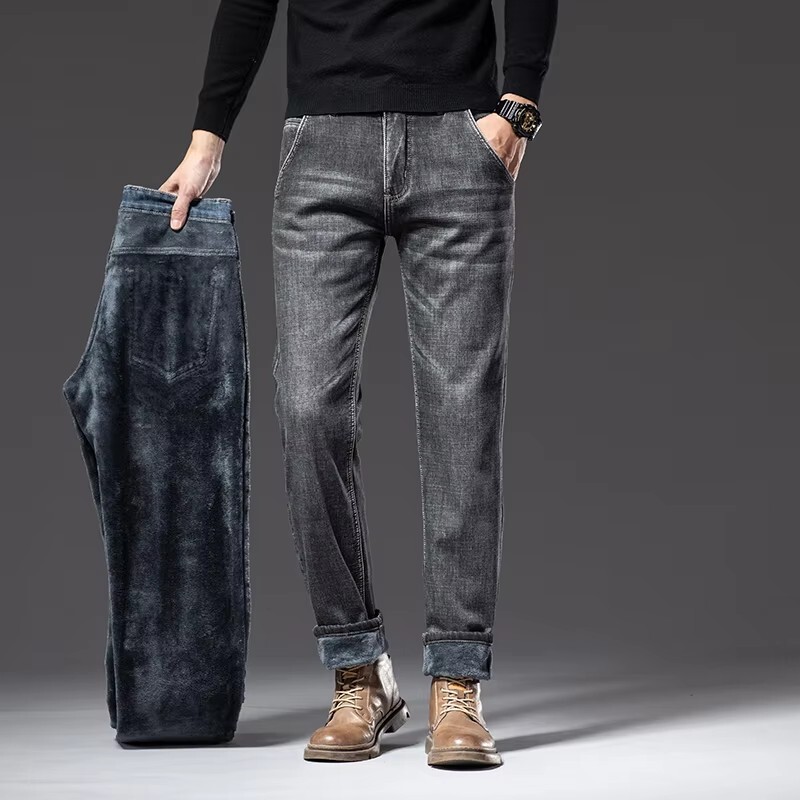 Zadebljane nove traperice od flisa za mušku odjeću Ležerne hlače Tople modne rastezljive plišane muške ravne traper hlače od baršuna