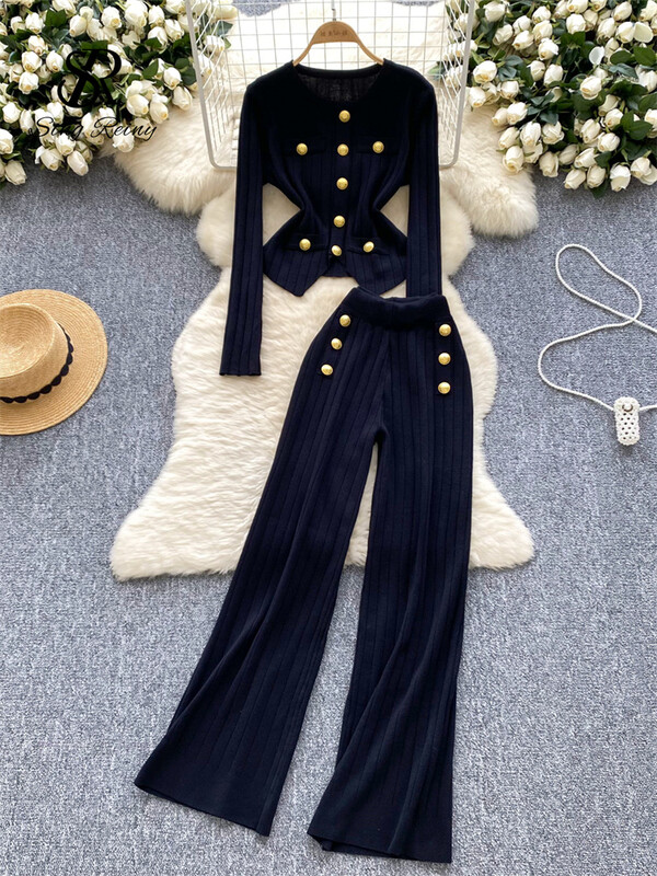 SINGREINY Fashion OL ziemas kostīmi sievietēm ar garām piedurknēm elegantas pogas, džemperi + elastīgas garās bikses, vintage džemperis, divu gabalu komplekti