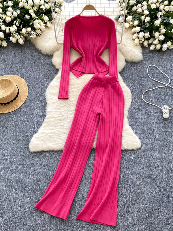 SINGREINY Fashion OL ziemas kostīmi sievietēm ar garām piedurknēm elegantas pogas, džemperi + elastīgas garās bikses, vintage džemperis, divu gabalu komplekti