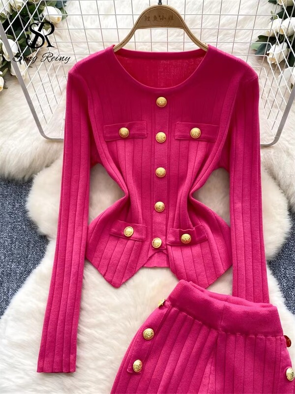 SINGREINY Fashion OL ziemas kostīmi sievietēm ar garām piedurknēm elegantas pogas, džemperi + elastīgas garās bikses, vintage džemperis, divu gabalu komplekti