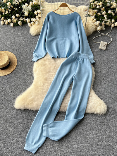 SINGREINY korejiešu ikdienas komplekti sievietēm ar O veida kakla adīšanas puloveru džemperis + zīmuļa bikses ar augstu vidukli. Pamata rudens ziemas tērpi