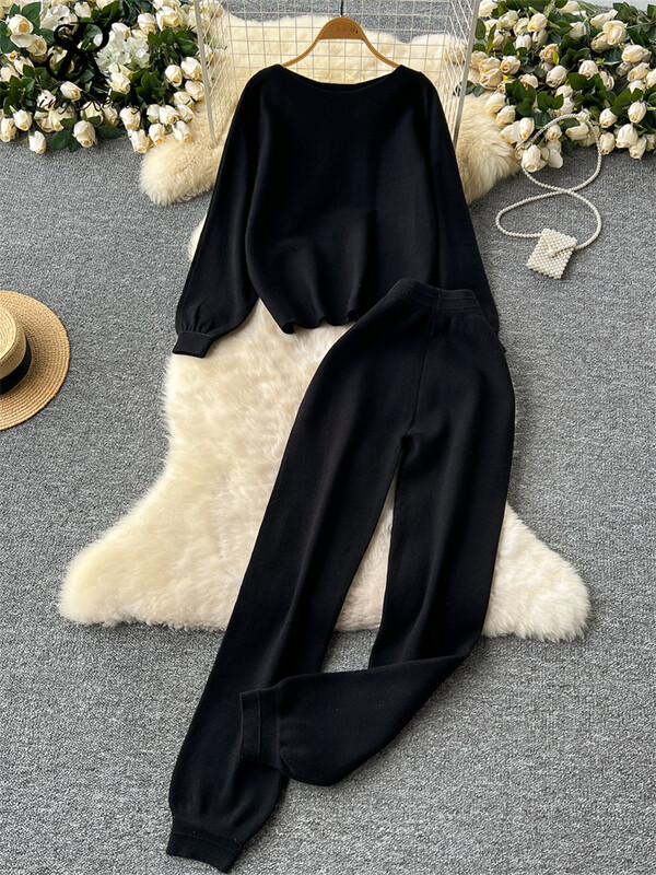 SINGREINY korejiešu ikdienas komplekti sievietēm ar O veida kakla adīšanas puloveru džemperis + zīmuļa bikses ar augstu vidukli. Pamata rudens ziemas tērpi