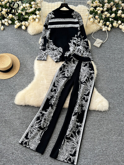 SINGREINY modes ikdienas trikotāžas kostīmi sievietēm žakarda dizaina pulovers+elastīgs viduklis platas kājas garas bikses brīvs džemperis 2 gab.