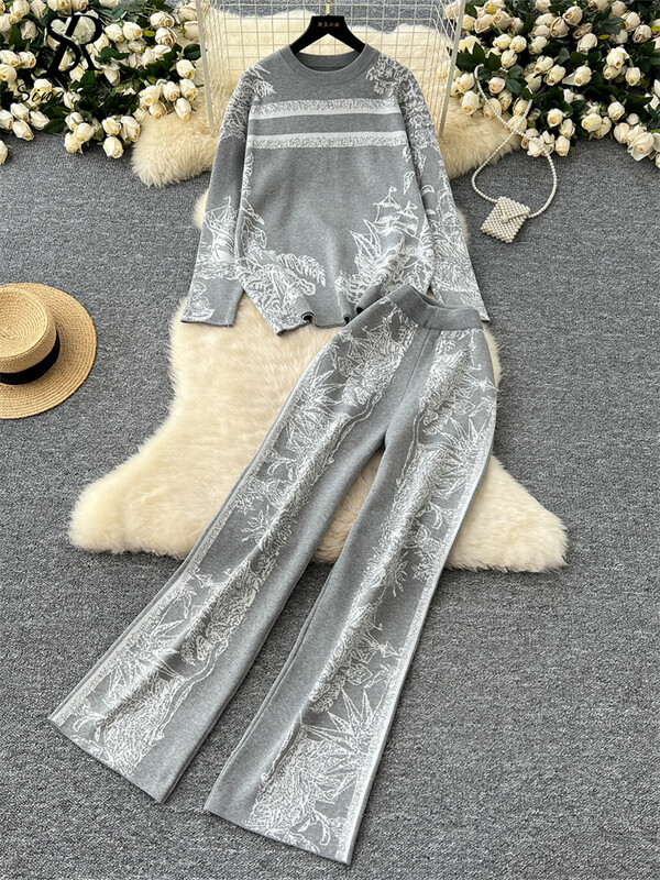 SINGREINY modes ikdienas trikotāžas kostīmi sievietēm žakarda dizaina pulovers+elastīgs viduklis platas kājas garas bikses brīvs džemperis 2 gab.