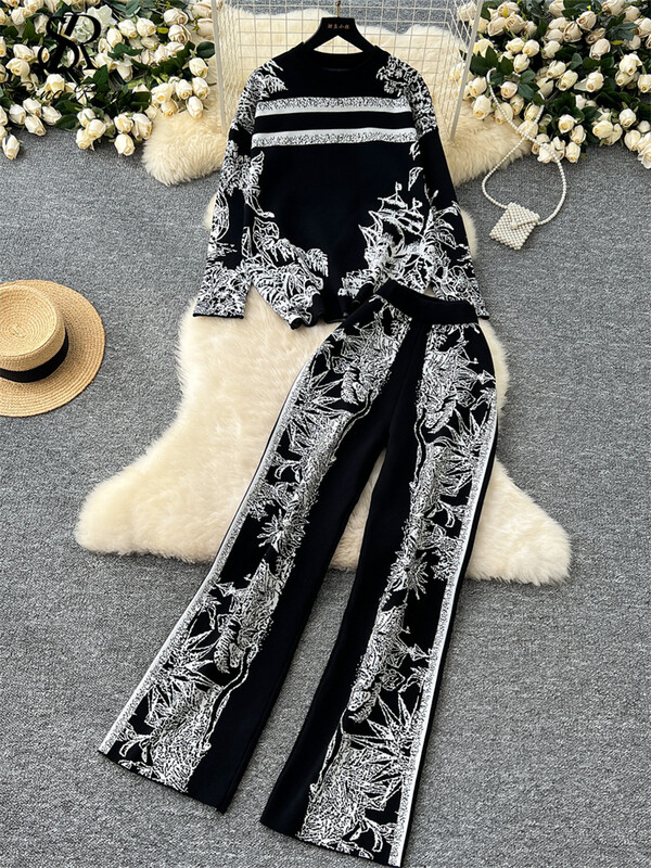 SINGREINY modes ikdienas trikotāžas kostīmi sievietēm žakarda dizaina pulovers+elastīgs viduklis platas kājas garas bikses brīvs džemperis 2 gab.