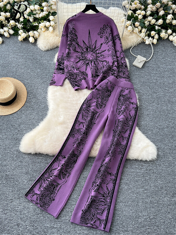 SINGREINY modes ikdienas trikotāžas kostīmi sievietēm žakarda dizaina pulovers+elastīgs viduklis platas kājas garas bikses brīvs džemperis 2 gab.