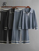 SINGREINY Knitting Rudens Ziemas Komplekti Sieviešu Novelkama Apkakle Brīvi Mīksti Topi+Aizvelkams aukliņš ar augstu vidukli platas Kājas Bikses 2Gb Uzvalki