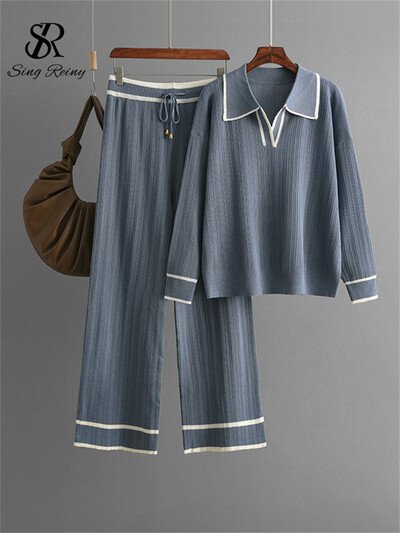 SINGREINY Knitting Rudens Ziemas Komplekti Sieviešu Novelkama Apkakle Brīvi Mīksti Topi+Aizvelkams aukliņš ar augstu vidukli platas Kājas Bikses 2Gb Uzvalki