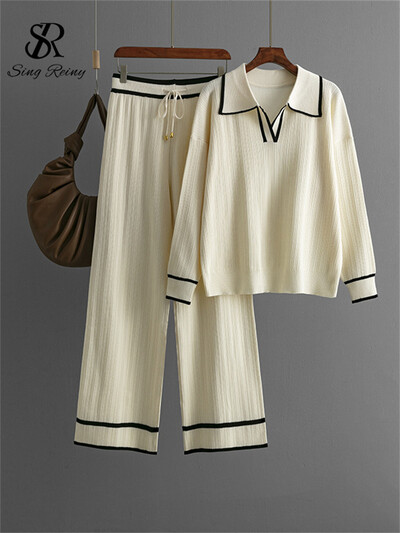 SINGREINY Knitting Rudens Ziemas Komplekti Sieviešu Novelkama Apkakle Brīvi Mīksti Topi+Aizvelkams aukliņš ar augstu vidukli platas Kājas Bikses 2Gb Uzvalki