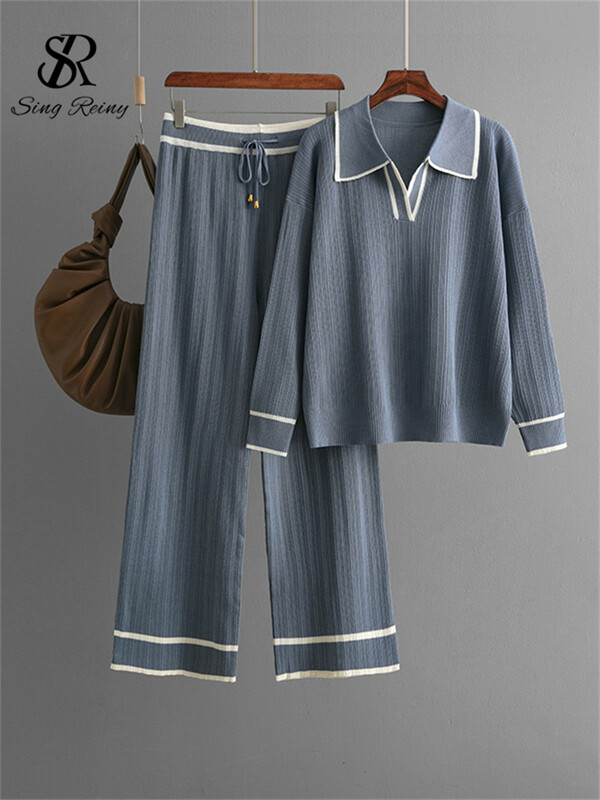 SINGREINY Knitting Rudens Ziemas Komplekti Sieviešu Novelkama Apkakle Brīvi Mīksti Topi+Aizvelkams aukliņš ar augstu vidukli platas Kājas Bikses 2Gb Uzvalki