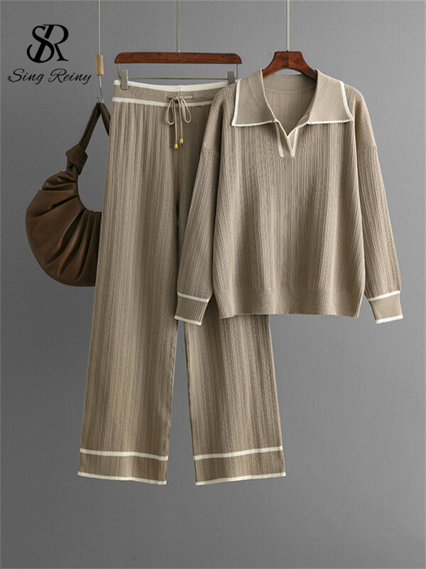 SINGREINY Knitting Rudens Ziemas Komplekti Sieviešu Novelkama Apkakle Brīvi Mīksti Topi+Aizvelkams aukliņš ar augstu vidukli platas Kājas Bikses 2Gb Uzvalki