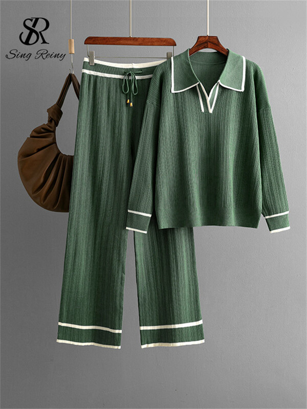 SINGREINY Knitting Rudens Ziemas Komplekti Sieviešu Novelkama Apkakle Brīvi Mīksti Topi+Aizvelkams aukliņš ar augstu vidukli platas Kājas Bikses 2Gb Uzvalki