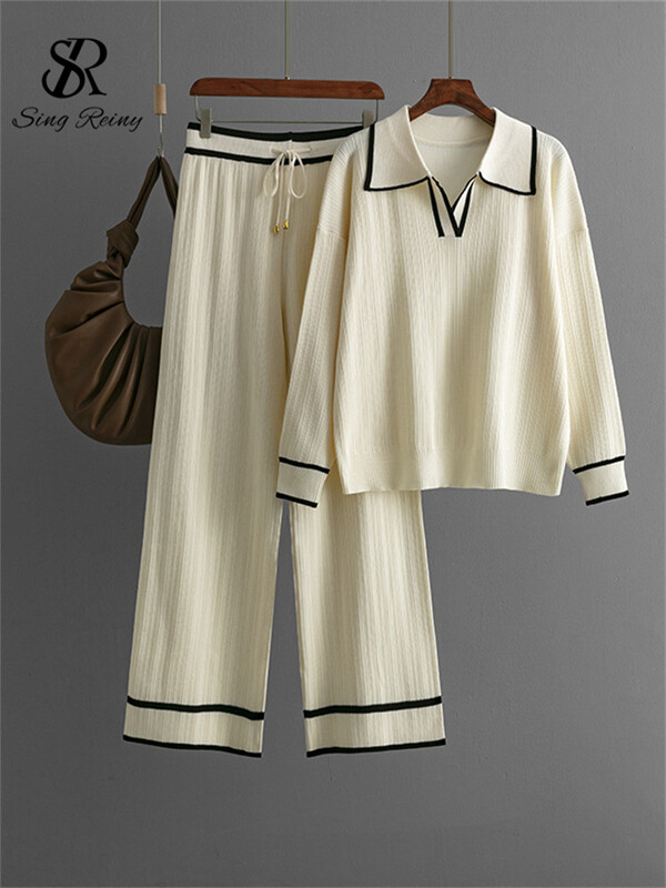 SINGREINY Knitting Rudens Ziemas Komplekti Sieviešu Novelkama Apkakle Brīvi Mīksti Topi+Aizvelkams aukliņš ar augstu vidukli platas Kājas Bikses 2Gb Uzvalki