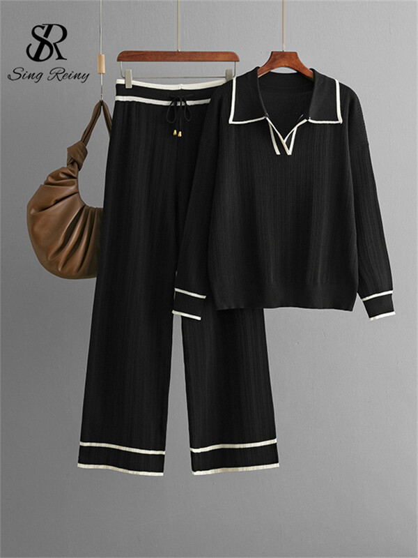 SINGREINY Knitting Rudens Ziemas Komplekti Sieviešu Novelkama Apkakle Brīvi Mīksti Topi+Aizvelkams aukliņš ar augstu vidukli platas Kājas Bikses 2Gb Uzvalki