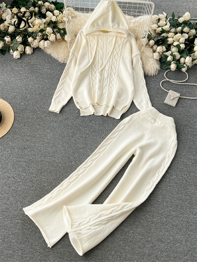 SINGREINY ziemas sieviešu silti, trikotāžas kostīmi, brīvi savelkami ar kapuci, džemperis + platas kājas garas bikses modes sporta divdaļīgie komplekti