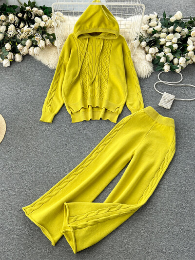 SINGREINY ziemas sieviešu silti, trikotāžas kostīmi, brīvi savelkami ar kapuci, džemperis + platas kājas garas bikses modes sporta divdaļīgie komplekti