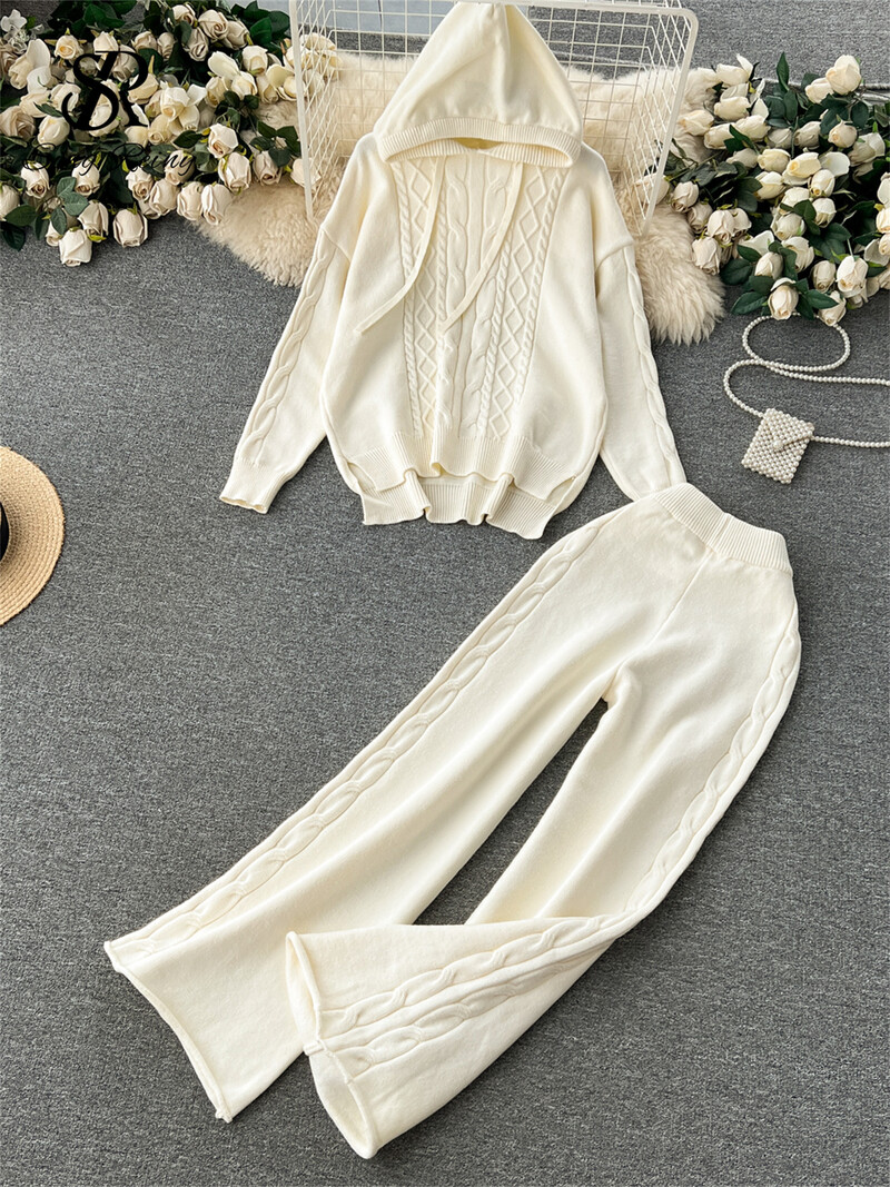 SINGREINY ziemas sieviešu silti, trikotāžas kostīmi, brīvi savelkami ar kapuci, džemperis + platas kājas garas bikses modes sporta divdaļīgie komplekti