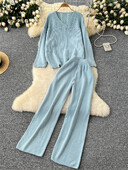 SINGREINY Най-новите ежедневни плетени костюми 2024 Дамски основни свободни топове + широки панталони с висока талия Есенно зимно облекло Комплекти от две части