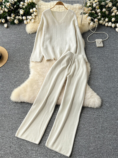 SINGREINY Най-новите ежедневни плетени костюми 2024 Дамски основни свободни топове + широки панталони с висока талия Есенно зимно облекло Комплекти от две части