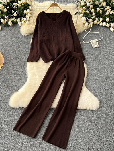 SINGREINY Най-новите ежедневни плетени костюми 2024 Дамски основни свободни топове + широки панталони с висока талия Есенно зимно облекло Комплекти от две части