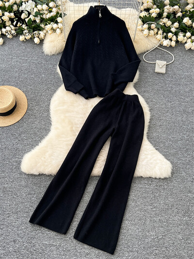 SINGREINY modes adīšanas džemperu komplekti, statīvs apkakle, brīvi topi + elastīgas jostasvietas garās bikses sievietēm rudens silti, divu gabalu uzvalki