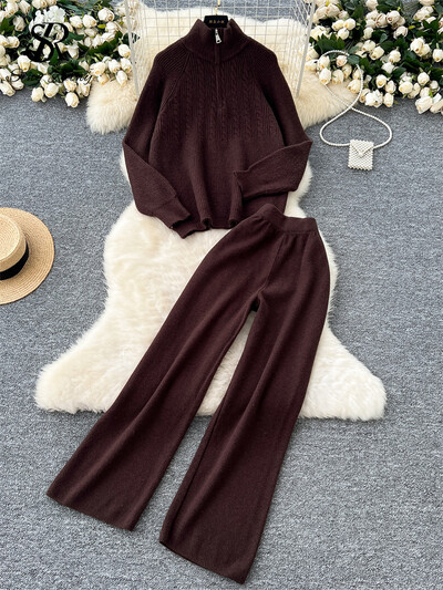 SINGREINY modes adīšanas džemperu komplekti, statīvs apkakle, brīvi topi + elastīgas jostasvietas garās bikses sievietēm rudens silti, divu gabalu uzvalki