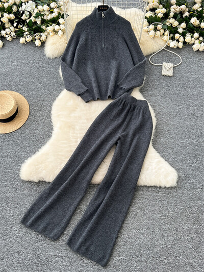 SINGREINY modes adīšanas džemperu komplekti, statīvs apkakle, brīvi topi + elastīgas jostasvietas garās bikses sievietēm rudens silti, divu gabalu uzvalki