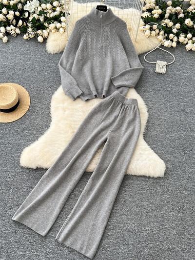 SINGREINY modes adīšanas džemperu komplekti, statīvs apkakle, brīvi topi + elastīgas jostasvietas garās bikses sievietēm rudens silti, divu gabalu uzvalki