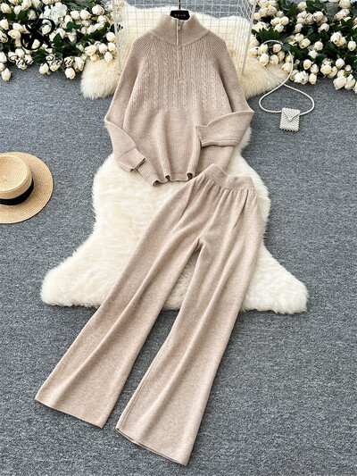 SINGREINY modes adīšanas džemperu komplekti, statīvs apkakle, brīvi topi + elastīgas jostasvietas garās bikses sievietēm rudens silti, divu gabalu uzvalki