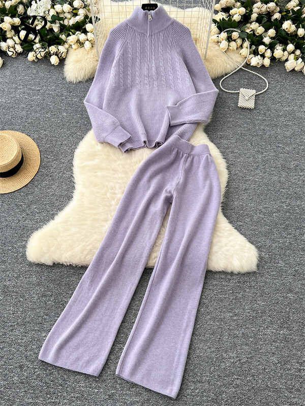 SINGREINY modes adīšanas džemperu komplekti, statīvs apkakle, brīvi topi + elastīgas jostasvietas garās bikses sievietēm rudens silti, divu gabalu uzvalki