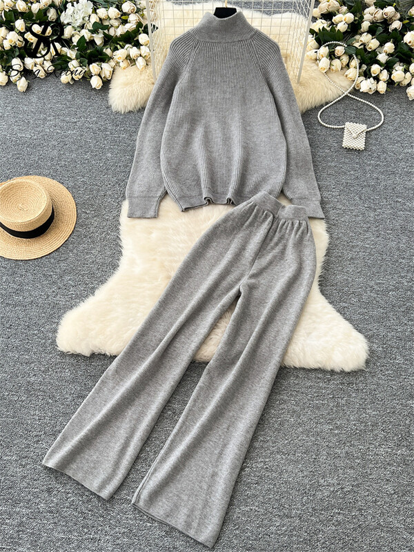 SINGREINY modes adīšanas džemperu komplekti, statīvs apkakle, brīvi topi + elastīgas jostasvietas garās bikses sievietēm rudens silti, divu gabalu uzvalki