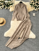 Дамски дебели пуловери SINGREINY 2024 Свободни пуловери с цип+еластични широки крачоли Модни топли плетени комплекти от две части