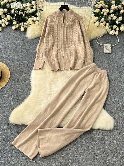 Дамски дебели пуловери SINGREINY 2024 Свободни пуловери с цип+еластични широки крачоли Модни топли плетени комплекти от две части