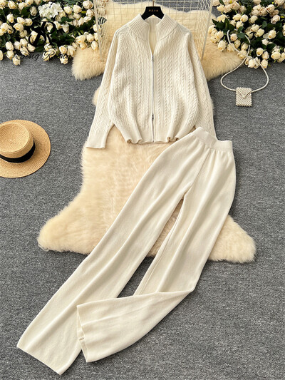 Дамски дебели пуловери SINGREINY 2024 Свободни пуловери с цип+еластични широки крачоли Модни топли плетени комплекти от две части