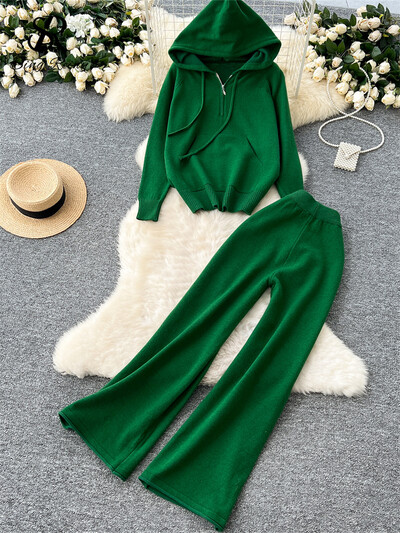 SINGREINY korejiešu brīvi, brīvi divu gabalu uzvalki ar garām piedurknēm, adīti kapuciņi + ar augstu vidukli, platas kājas biksīšu rudens siltu džemperu komplekti