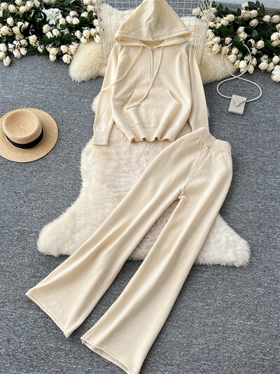 SINGREINY korejiešu brīvi, brīvi divu gabalu uzvalki ar garām piedurknēm, adīti kapuciņi + ar augstu vidukli, platas kājas biksīšu rudens siltu džemperu komplekti