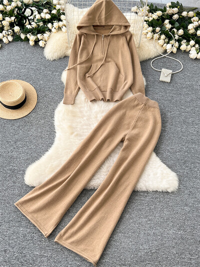 SINGREINY korejiešu brīvi, brīvi divu gabalu uzvalki ar garām piedurknēm, adīti kapuciņi + ar augstu vidukli, platas kājas biksīšu rudens siltu džemperu komplekti