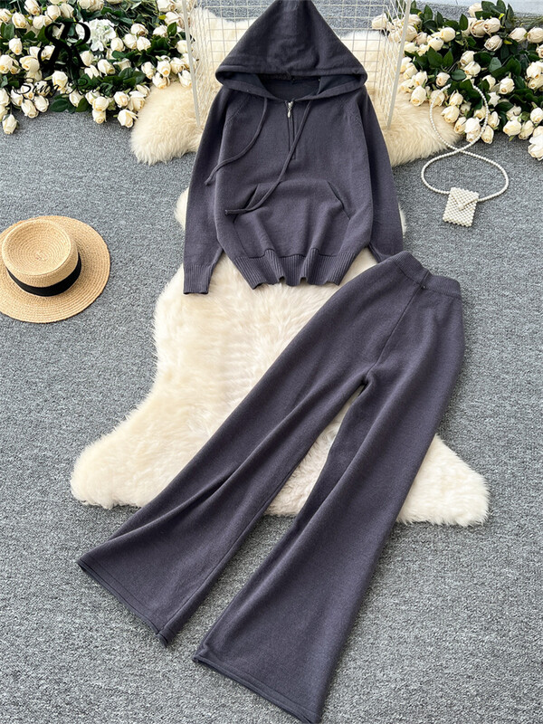 SINGREINY korejiešu brīvi, brīvi divu gabalu uzvalki ar garām piedurknēm, adīti kapuciņi + ar augstu vidukli, platas kājas biksīšu rudens siltu džemperu komplekti