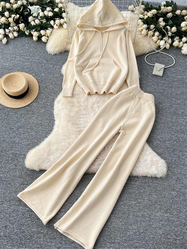 SINGREINY korejiešu brīvi, brīvi divu gabalu uzvalki ar garām piedurknēm, adīti kapuciņi + ar augstu vidukli, platas kājas biksīšu rudens siltu džemperu komplekti