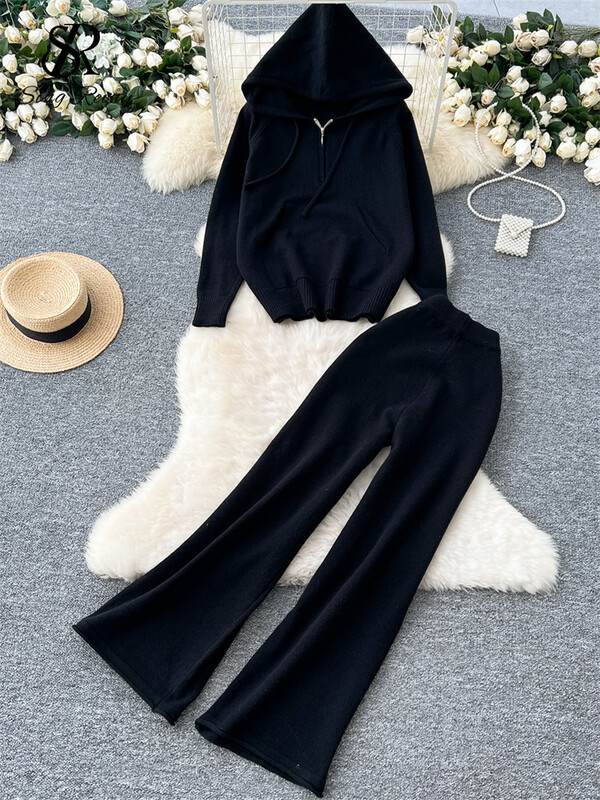 SINGREINY korejiešu brīvi, brīvi divu gabalu uzvalki ar garām piedurknēm, adīti kapuciņi + ar augstu vidukli, platas kājas biksīšu rudens siltu džemperu komplekti