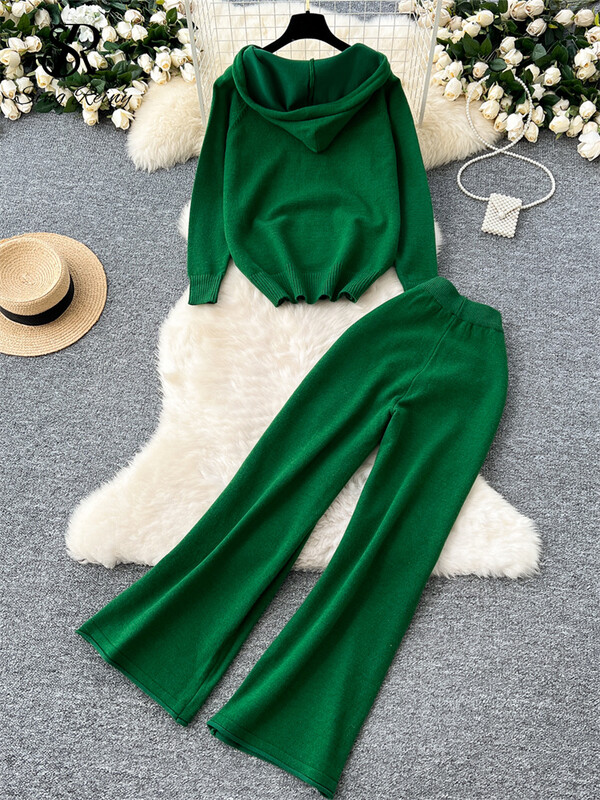 SINGREINY korejiešu brīvi, brīvi divu gabalu uzvalki ar garām piedurknēm, adīti kapuciņi + ar augstu vidukli, platas kājas biksīšu rudens siltu džemperu komplekti